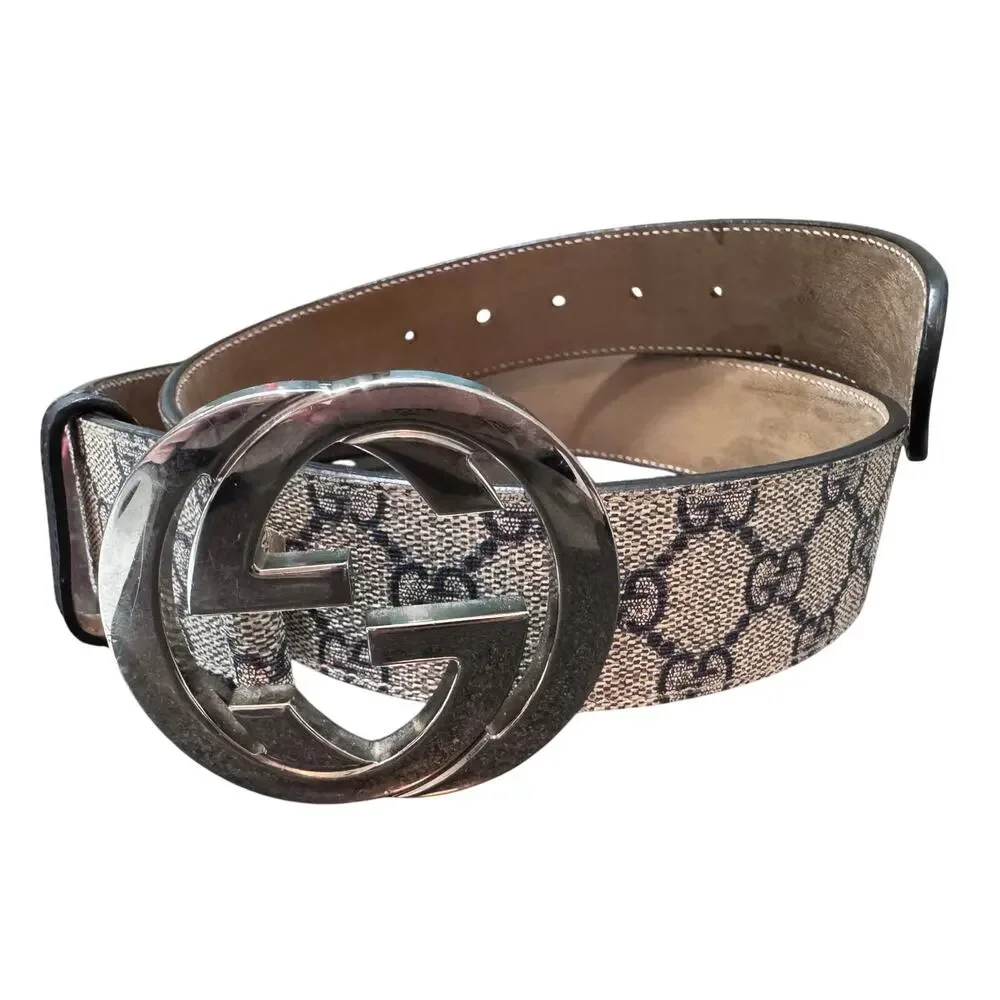 Gucci Beige Monogram Belt with Silver Double G Buckle
